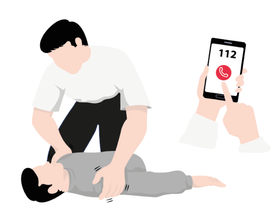 LebensretterEingehenderAnrug content img Gezeichnete Abbildung von zwei Männern. Einer liegt bewusstlos am Boden, der andere Mann beugt sich über ihn und versucht, ihn anzusprechen. Rechts ist ein Handy eingeblendet, auf dem die Nummer 112 steht.