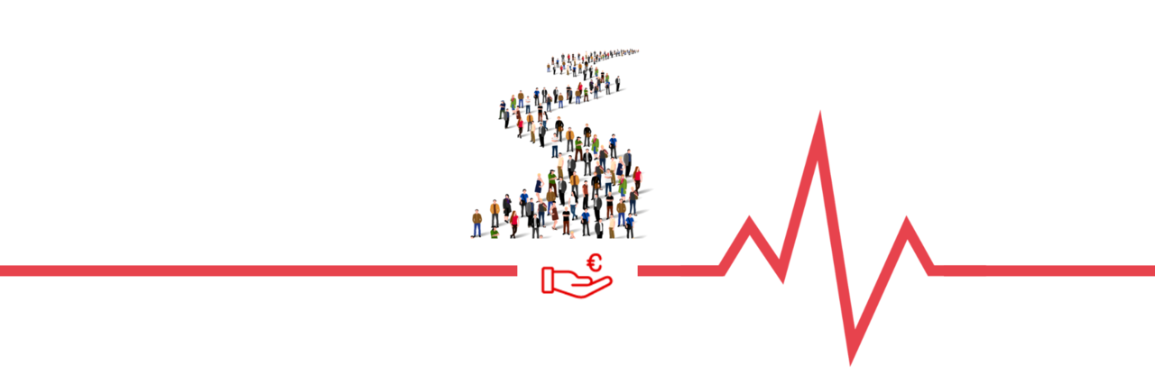 TitelbildSpender stage img Eine grafische, horizontale, rote Herzschlagkurve auf weißem Hintergrund. In der Mitte ist der Streifen durchbrochen und eine gezeichnete seitliche Hand mit einem Euro darüber. Über dieser Zeichnung sind eine Menge Menschen geschlängelt.