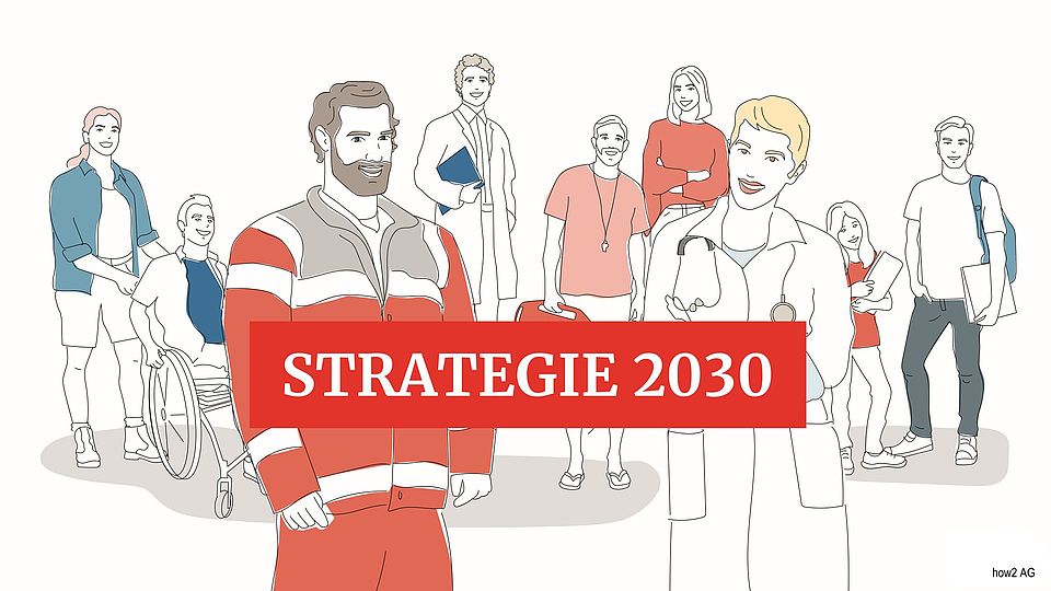 Strategie 2030 content img Gezeichnete Personen stehen hinter einer roten Box mit weißer Schrift "Strategie 2030"