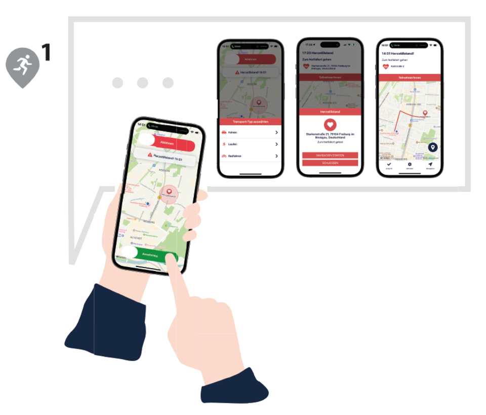 LebensretterEinsatzbestätigung content img Es sind vier illustrierte Smartphones zu sehen, die den groben Ablauf der Einsatzanfrage und Einsatzbestätigung zeigen.