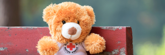 EH_am_Kleinkind_stage_img Ein flauschiger Teddybär mit DRK T-Shirt sitzt auf einer roten Holzbank.