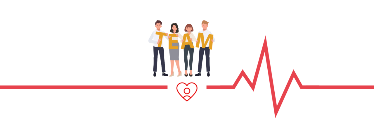 TitelbildTeam stage img Eine grafische, horizontale, rote Herzschlagkurve auf weißem Hintergrund. In der Mitte ist der Streifen durchbrochen und ein gezeichnetes Herz ist an der Stelle. Darüber sind vier gezeichnete Personen, die jeweils einen gelben Buchstaben halten. Die Buchstaben ergeben zusammen das Wort "Team".