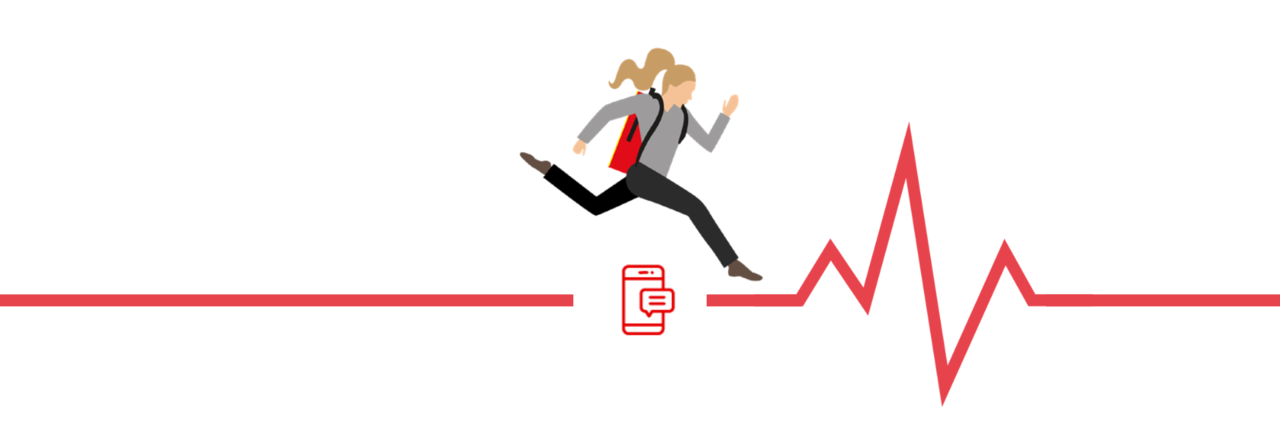 TitelbildLebensretterWerden stage img Eine grafische, horizontale, rote Herzschlagkurve auf weißem Hintergrund. In der Mitte ist der Streifen durchbrochen und ein gezeichnetes Handy ist an der Stelle. Darüber springt eine gezeichnete Frau mit einem Notfallrucksack.