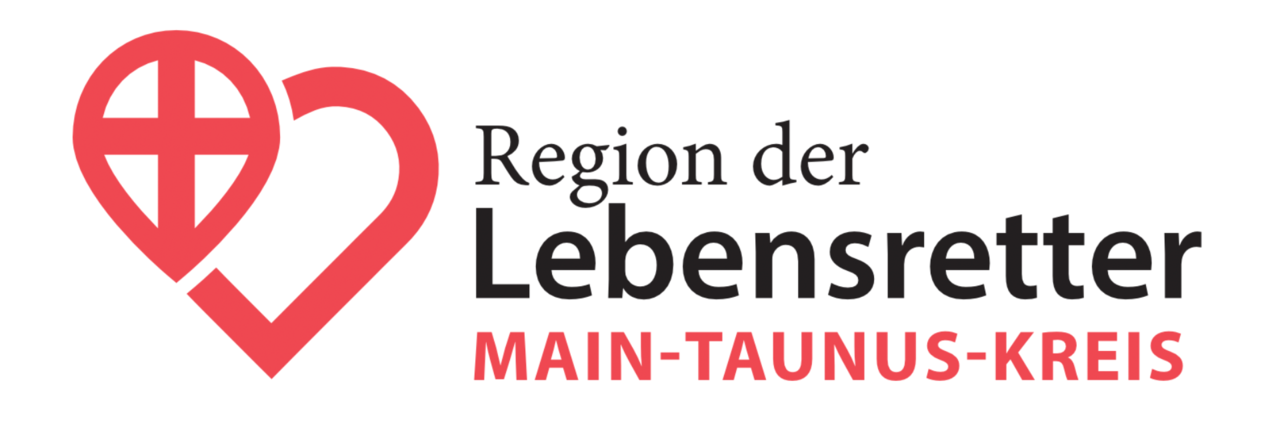 Das Projekt Stage img Logo "Region der Lebensretter" im Main-Taunus-Kreis. Links ist ein gezeichnetes rotes Herz, bei dem die linke Hälfte aus einem Standort-Pin besteht mit Kreuz in der Mitte. Rechts steht "Region der Lebensretter" und darunter in Rot "Main-Taunus-Kreis".
