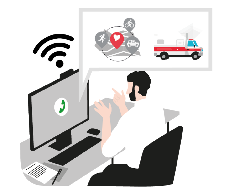 LebensretterAlarmierungEinsatzkräfte content img Gezeichnete Abbildung eines Mannes, der vor einem Schreibtisch mit Computer sitzt. Darüber spricht er mit jemandem. In einer Sprechblase sind eine Karte und ein Rettungswagen abgebildet.