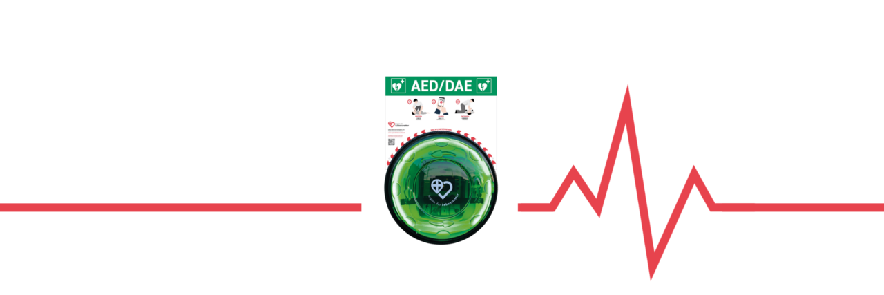 AED Stage img Eine grafische, horizontale, rote Herzschlagkurve auf weißem Hintergrund. In der Mitte ist der Streifen durchbrochen und ein gezeichneter AED ist dort platziert.